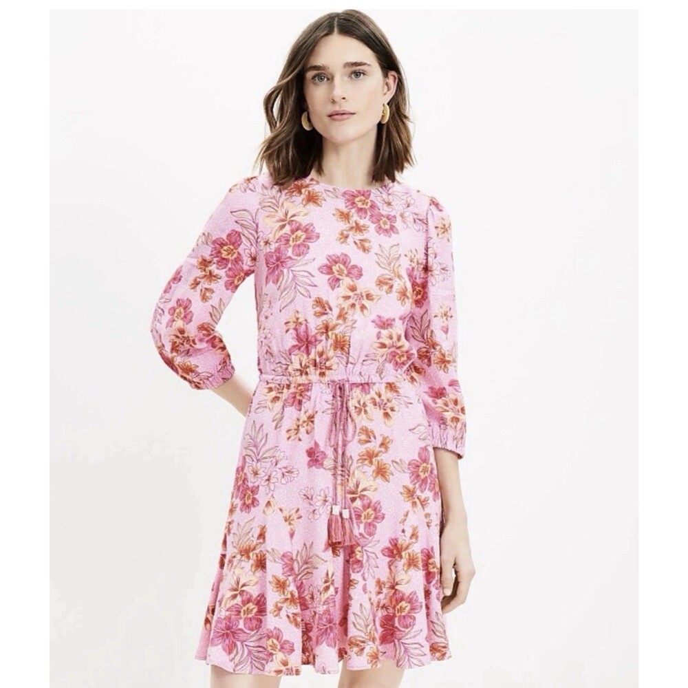 NWT LOFT Lily Godet Puff Sleeve Lightweight Pink Mini Floral Boho Flare Dress XS